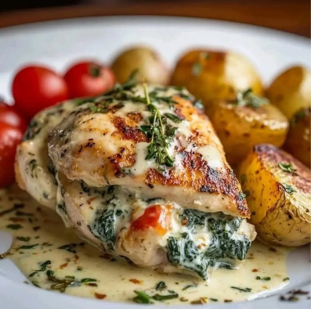 Chicken roulade with creamy spinach and stuffed feta