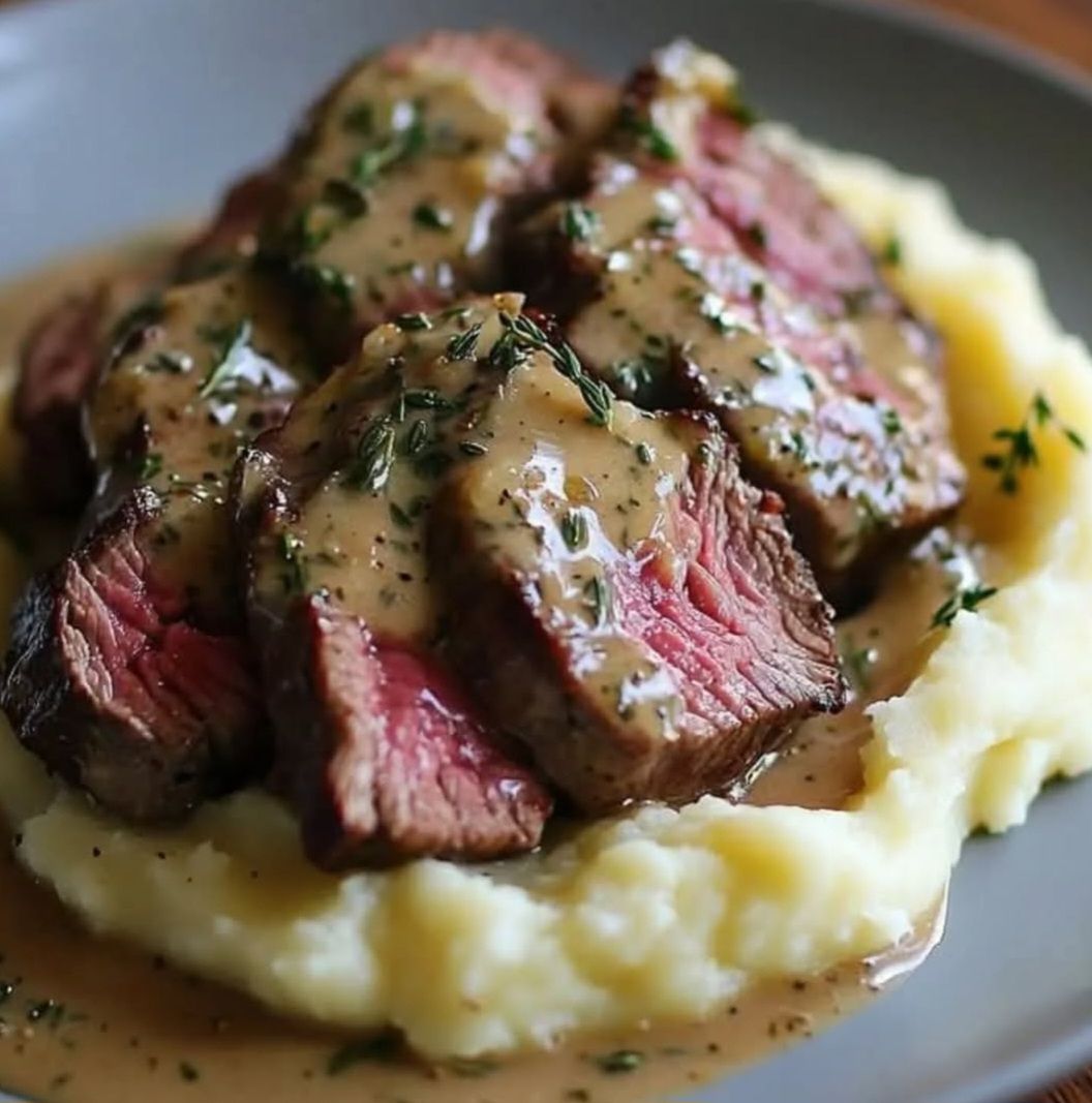 Ribeye steak with creamy thyme sauce