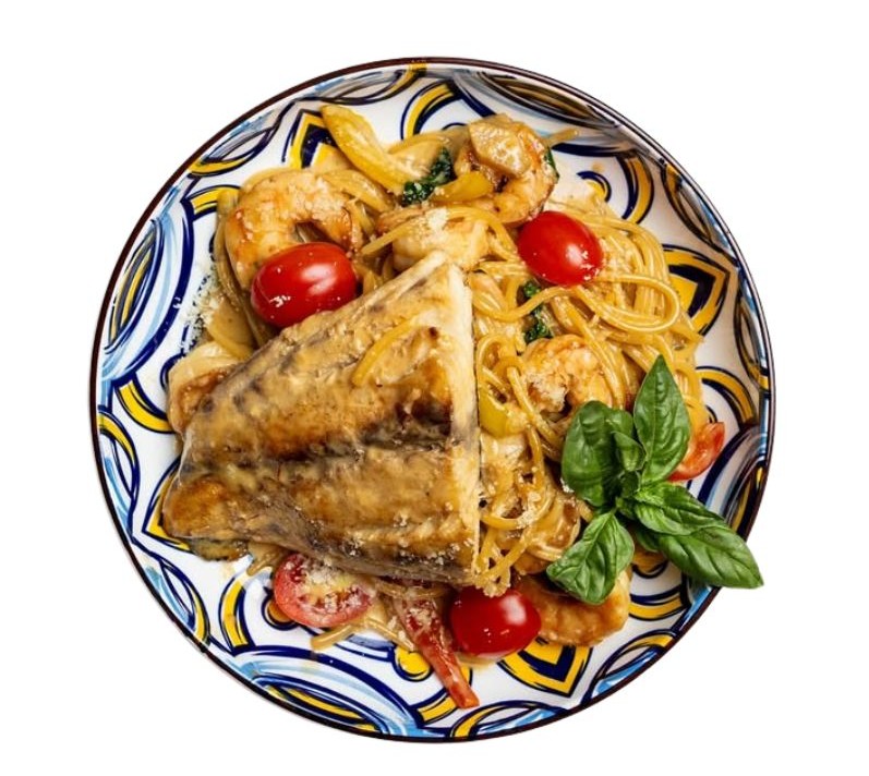 Pan-seared salmon and prawn linguine pasta